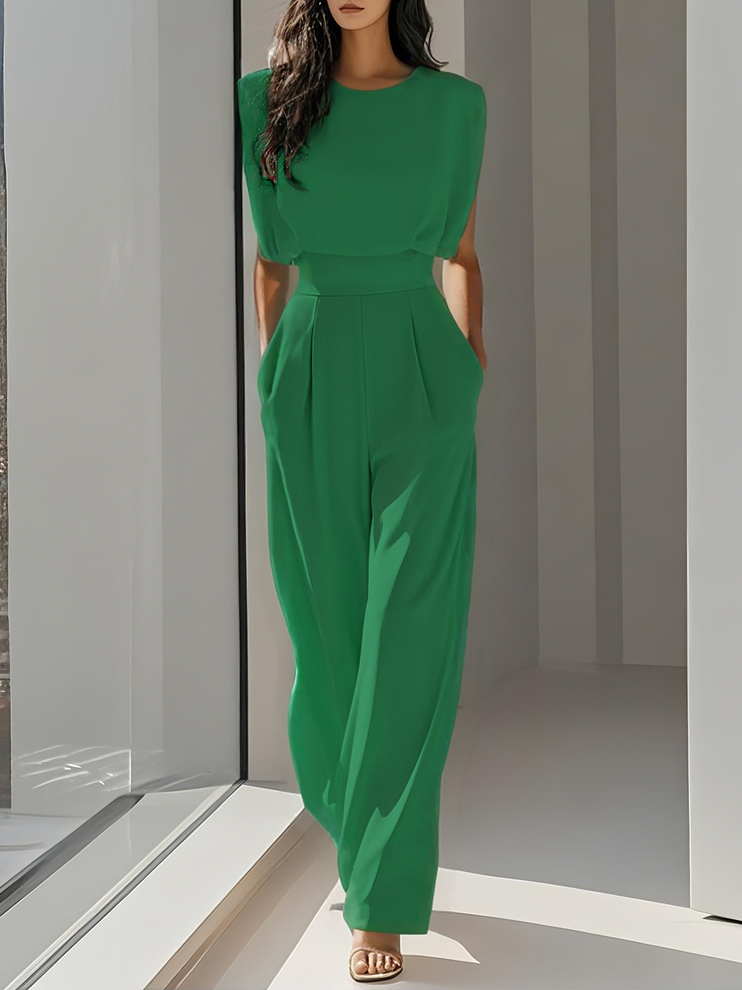 Women Off White Crew Neck Sleeveless Dressy Jumpsuit With Pockets