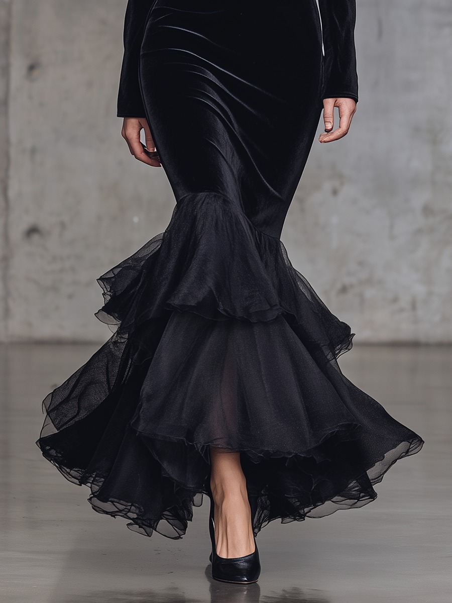 Elegant Cocktail V-neck Chiffon Fishtail Hem Black Velvet Maxi Dress