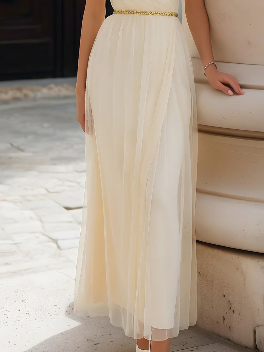 Illusion High-Neck Draped Mesh Maxi Dress