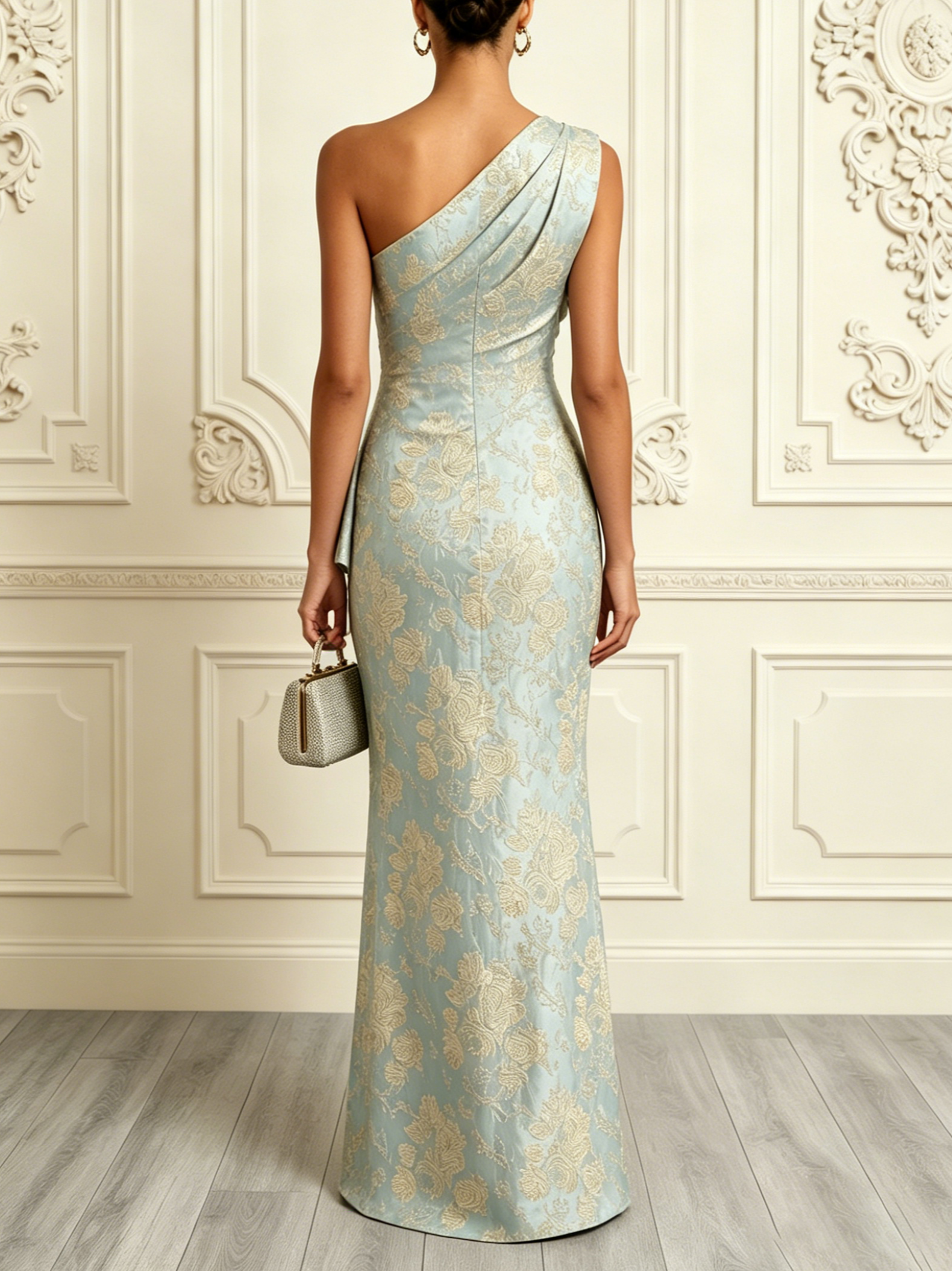 Light Green Jacquard 3D Floral Classic One Shoulder Sleeveless Mermaid Gown Dress