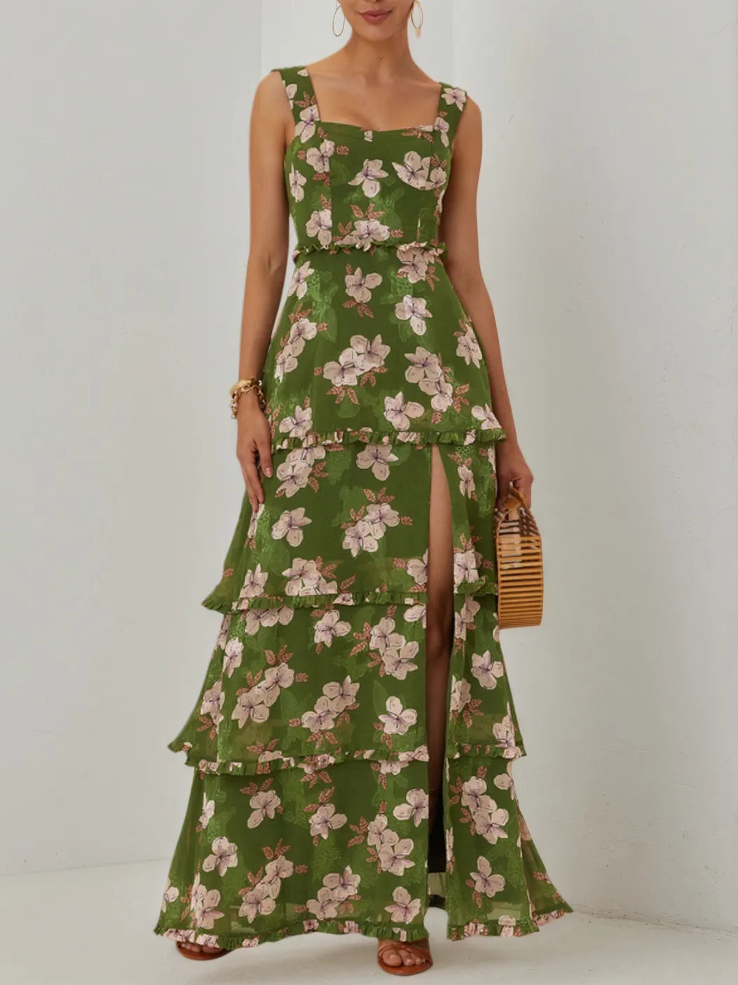 Green Jacquard Classic Spaghetti Chiffon Floral Sleeveless A-Line Maxi Dress