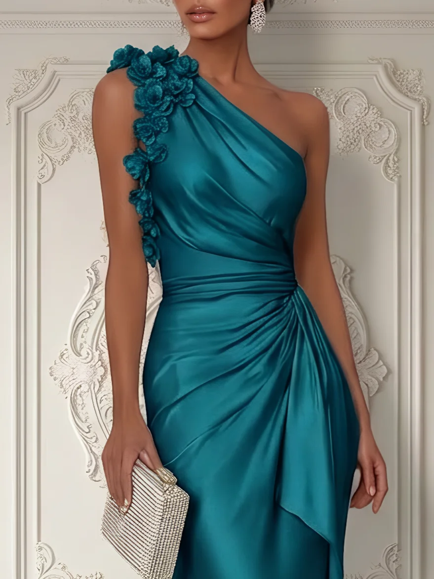 Champagne 3D Floral Ruched Satin One Shoulder Sleeveless Sheath Floor-length Gown Dress