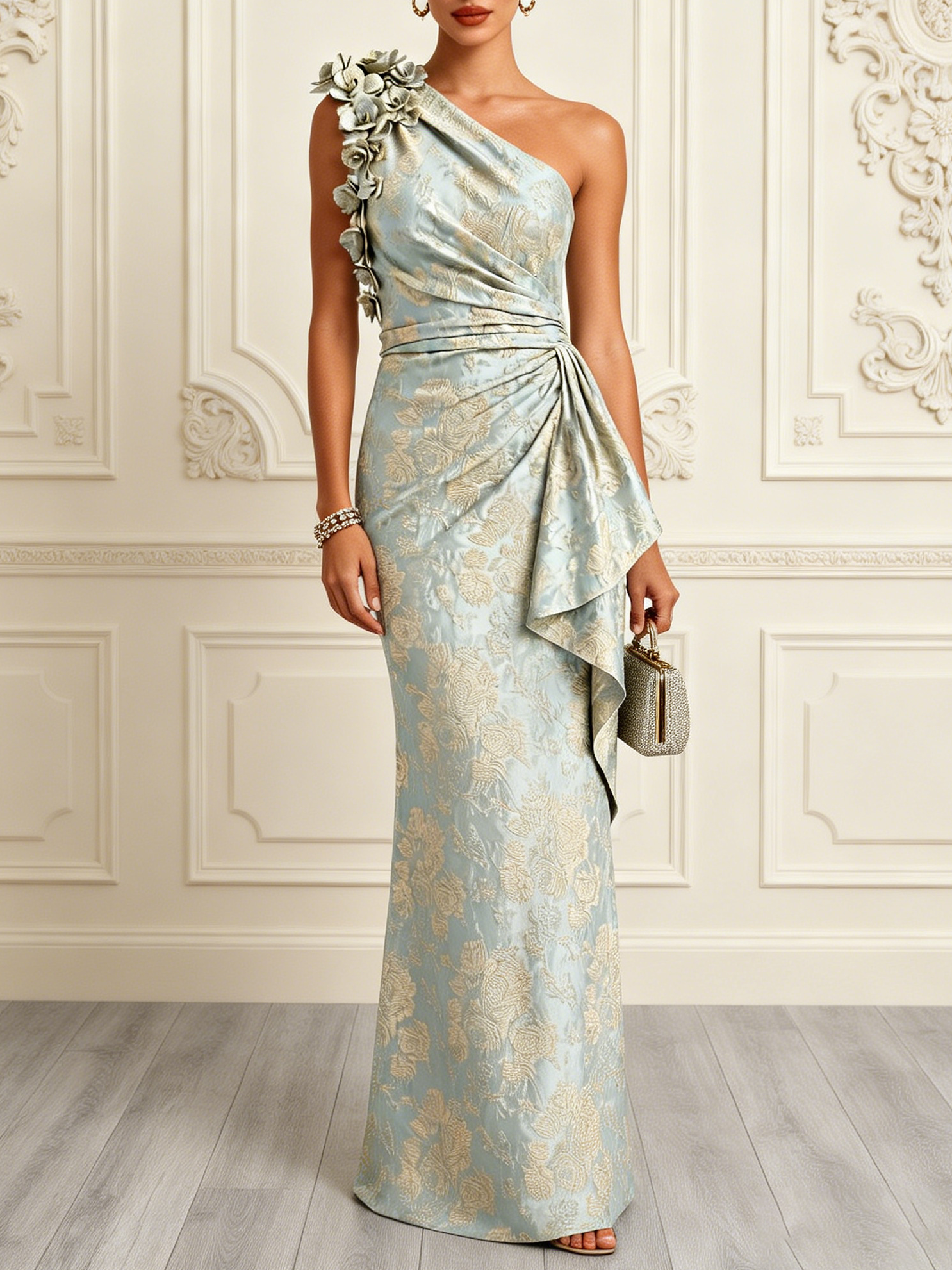 Light Green Jacquard 3D Floral Classic One Shoulder Sleeveless Mermaid Gown Dress