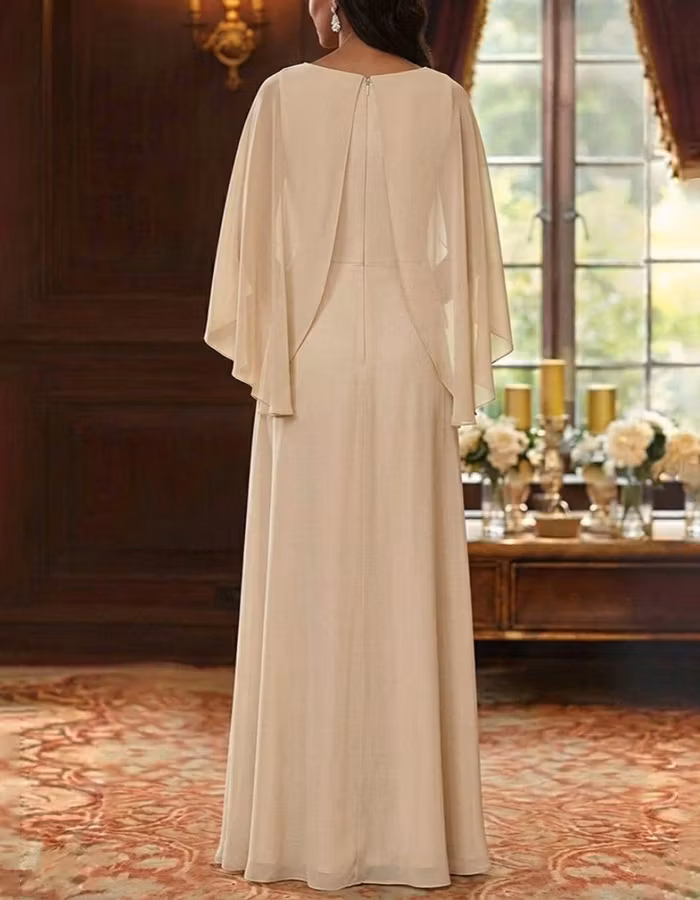 Champagne Cape Sleeve Gold Floral Sequin Peplum Chiffon Maxi Dress