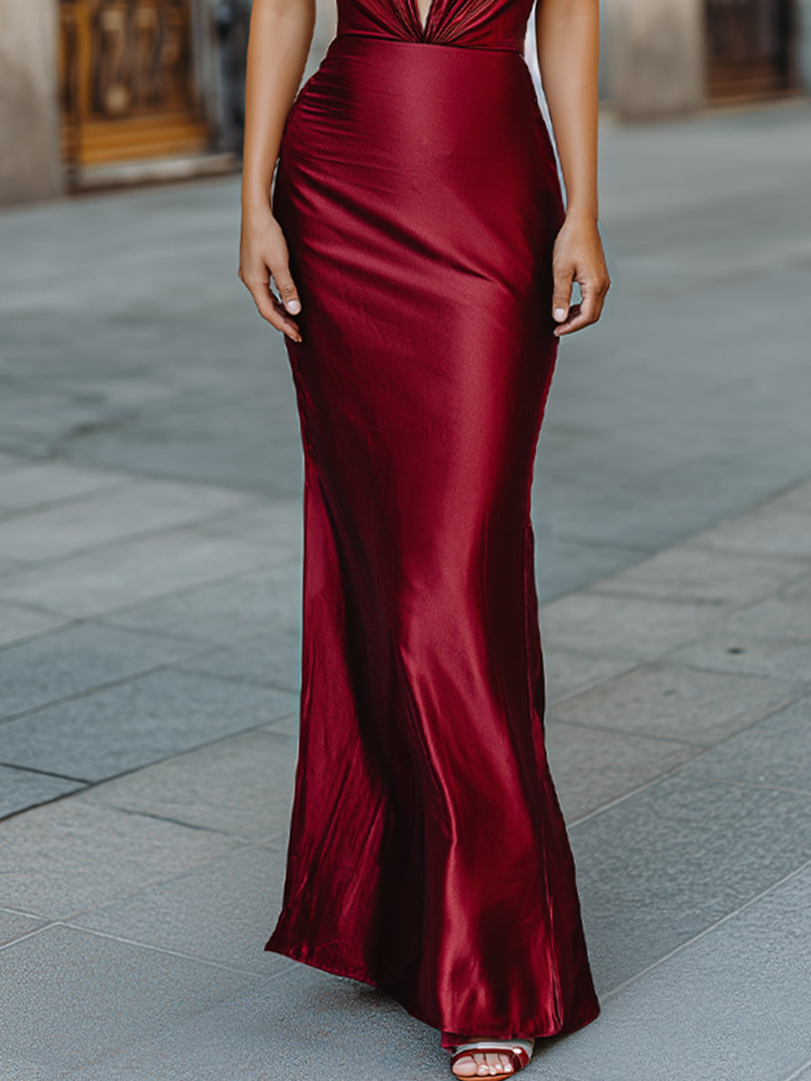 Elegant Burgundy Halter-Neck Satin Gown With Open Back