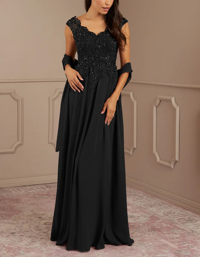 Black Sequined Chiffon A-Line V-Neck Maxi Dress