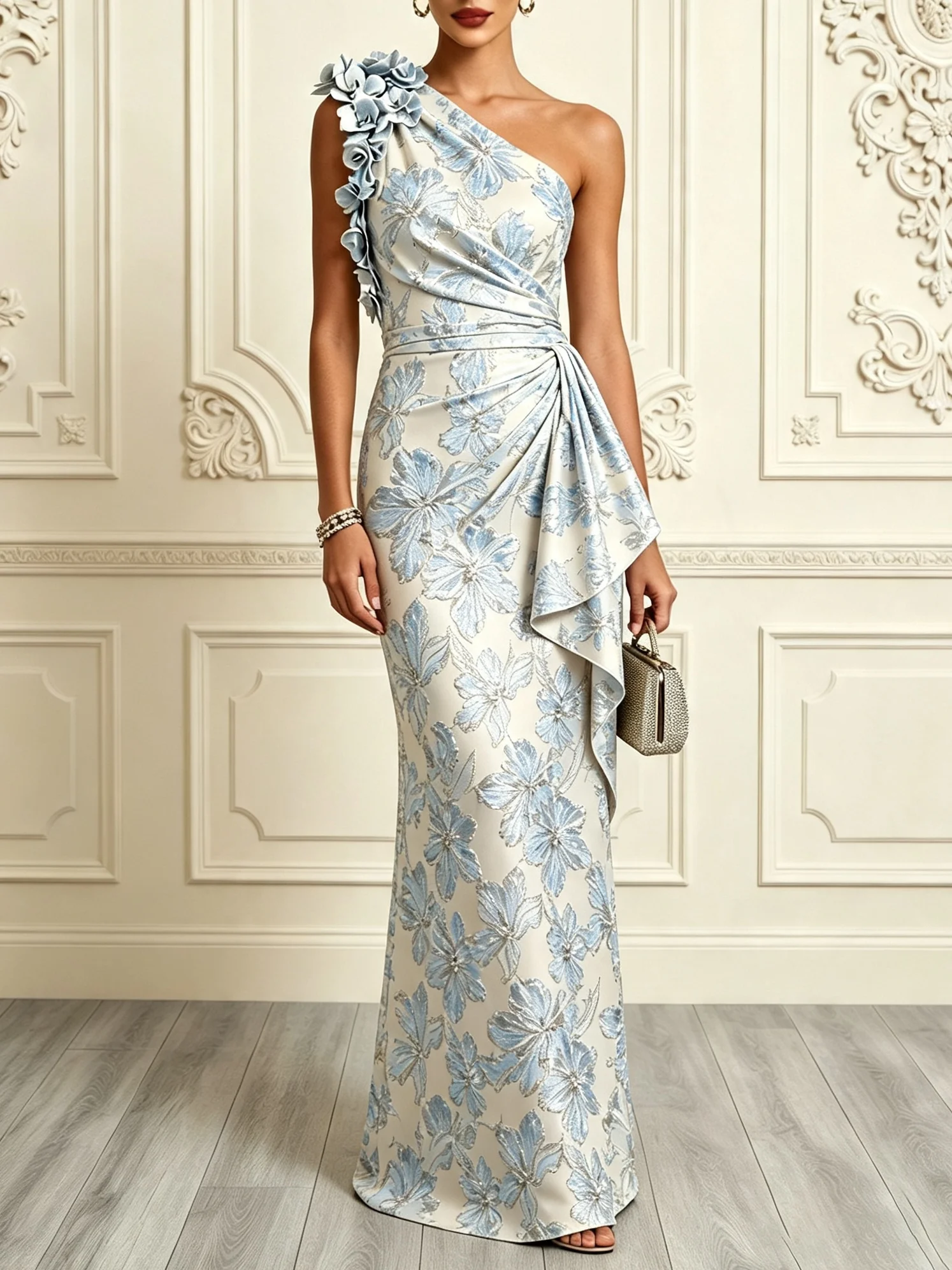 Light Green Jacquard 3D Floral Classic One Shoulder Sleeveless Mermaid Gown Dress