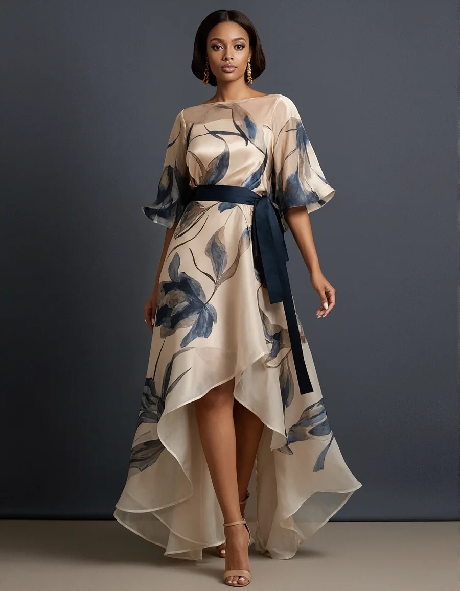 Elegant Navy Floral Organza Gown with High-Low Hem and Sash Belt