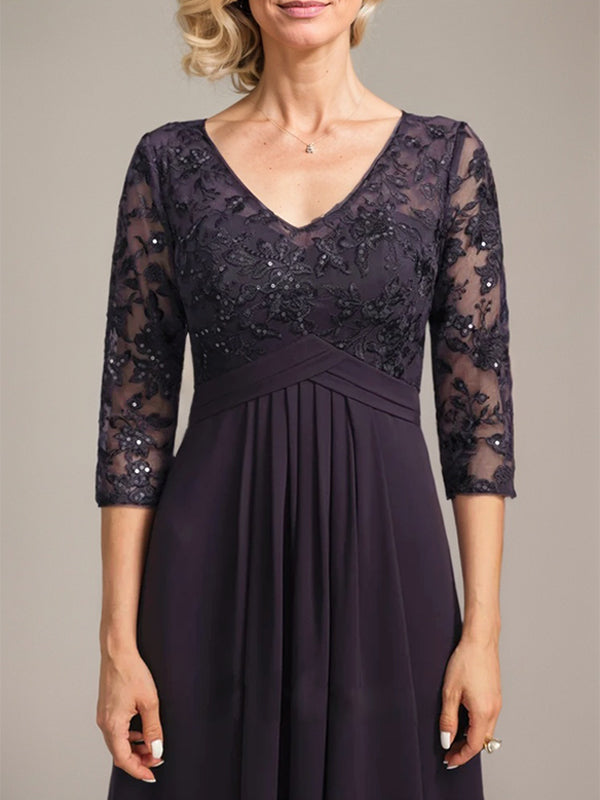 A-line V-Neck Floor-Length Lace Chiffon Mother of the Bride Dress With Cascading Ruffles Sequins