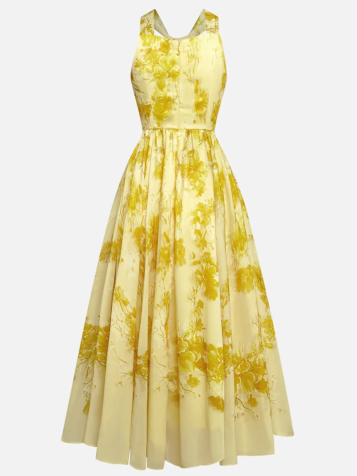 Yellow Floral Chiffon Halter Sleeveless A-Line Midi Dress