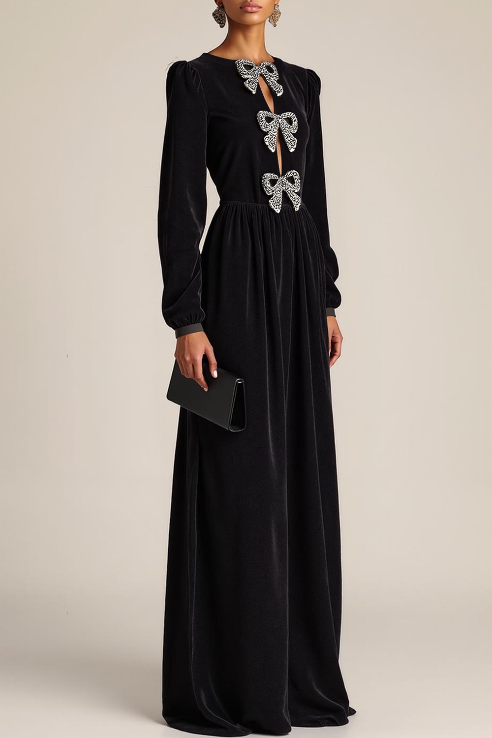 Black Formal Evening Dress A-Line Crew Neck Long Sleeves Bowknot Maxi Dress