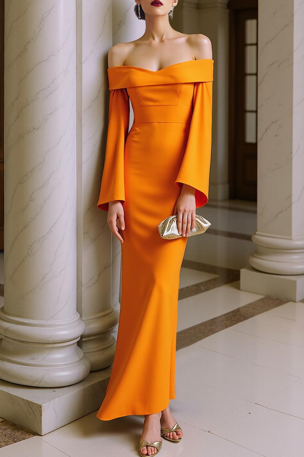 Formal Dress Sheath Orange Off the Shoulder Long Sleeve Maxi Dress