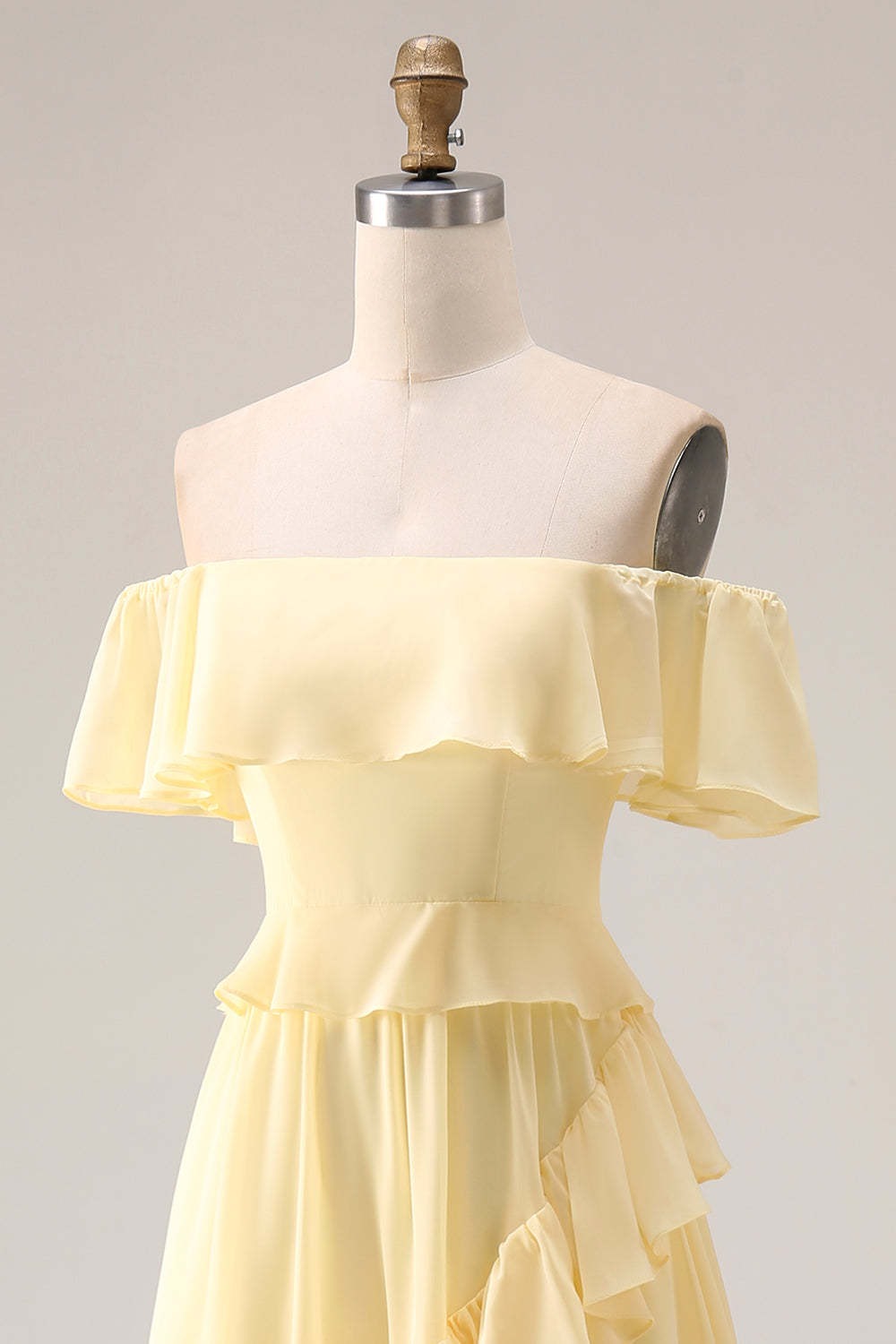 Yellow A Line Ruffled Off the Shoulder Maxi Bridesmaid Dress