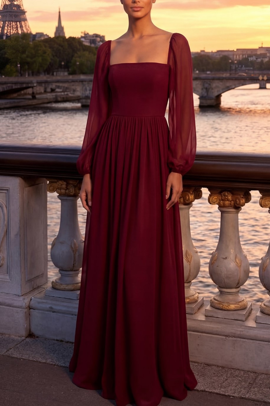 Burgundy Formal Evening Dress Square Neck Chiffon Maxi Dress