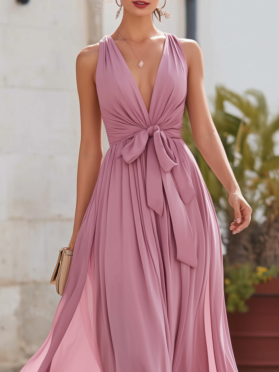 Pink Halter V-Neck Tie-Waist Flowing Maxi Dress