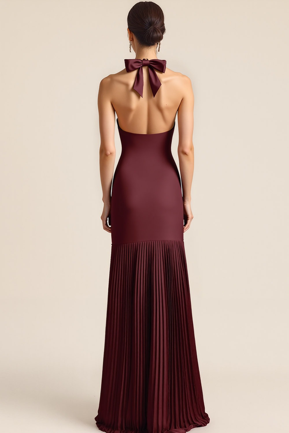 Formal ​Wedding Bridesmaid Dress Burgundy Halter Pleated Maxi Dress with Slit