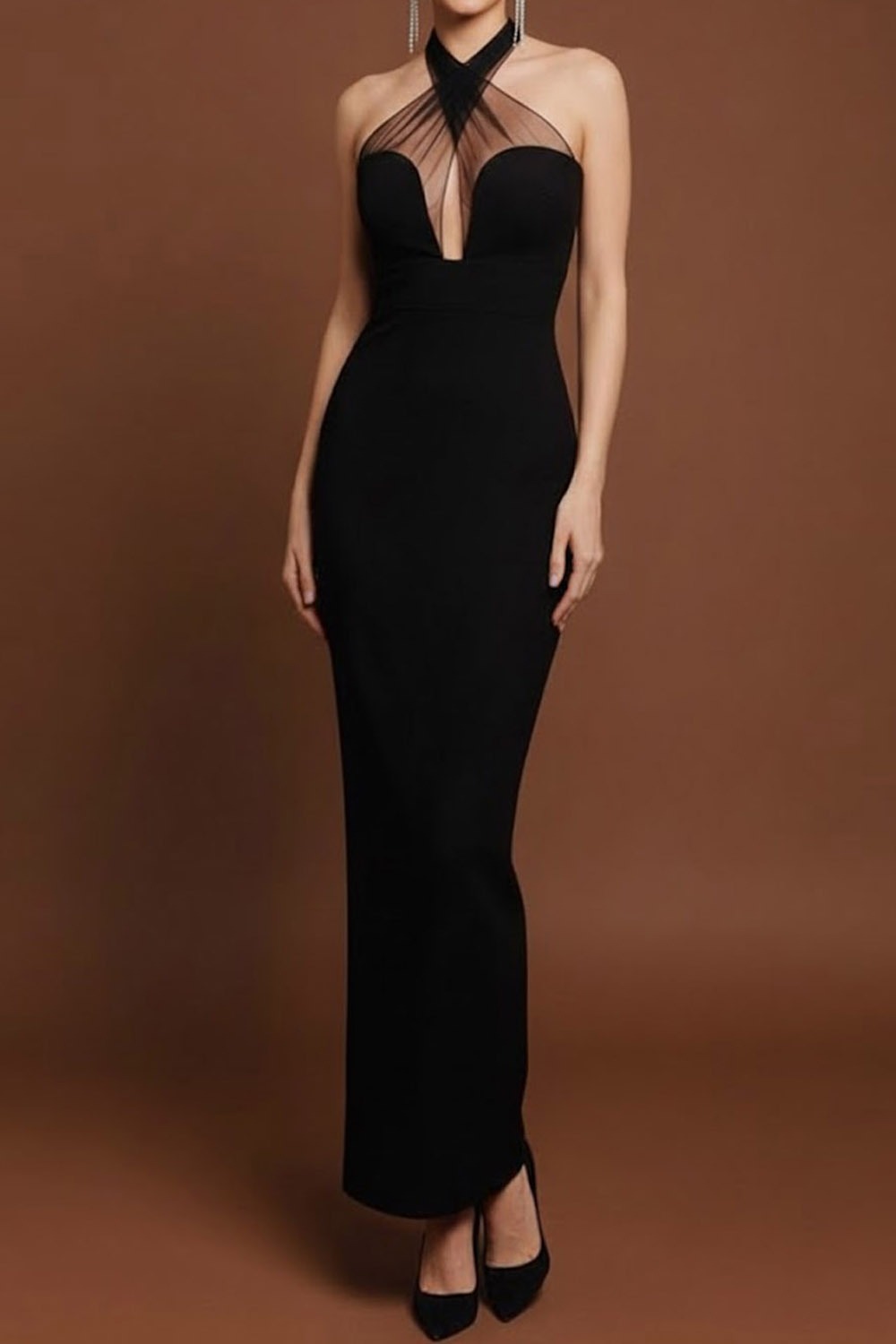 Evening Formal Dress Black Sheath Halter Sleeveless Maxi Dress