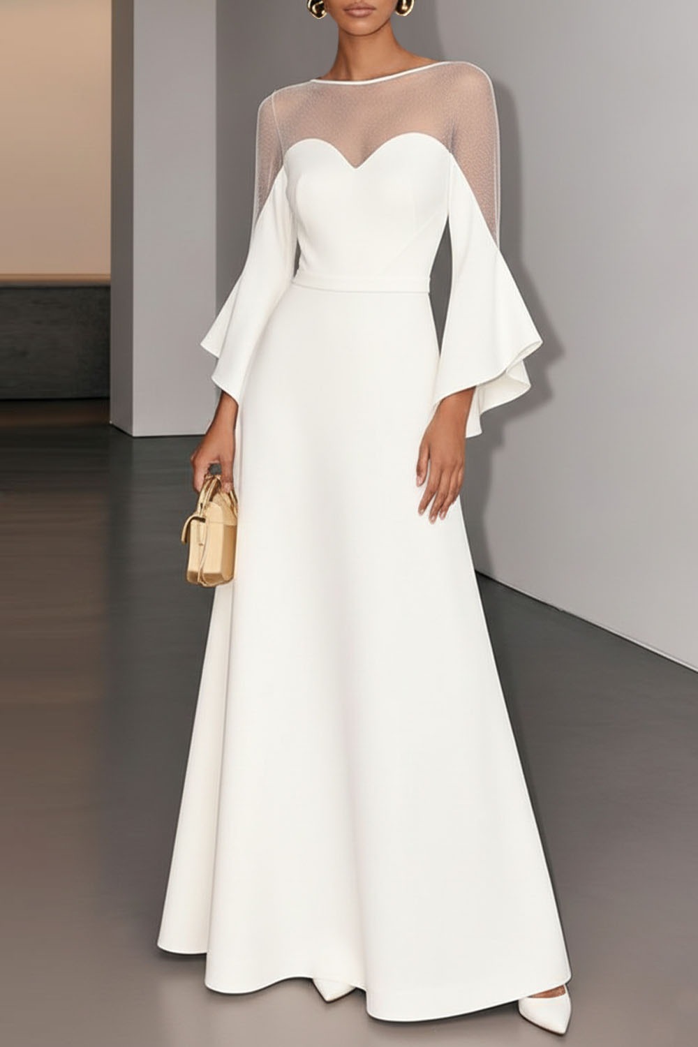 White Formal Evening Dress A-Line Illusion Neck Chiffon Maxi Dress
