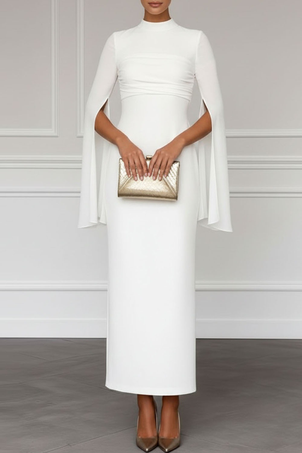 White Formal Evening Dress Sheath High Neck Cape Chiffon Maxi Dress