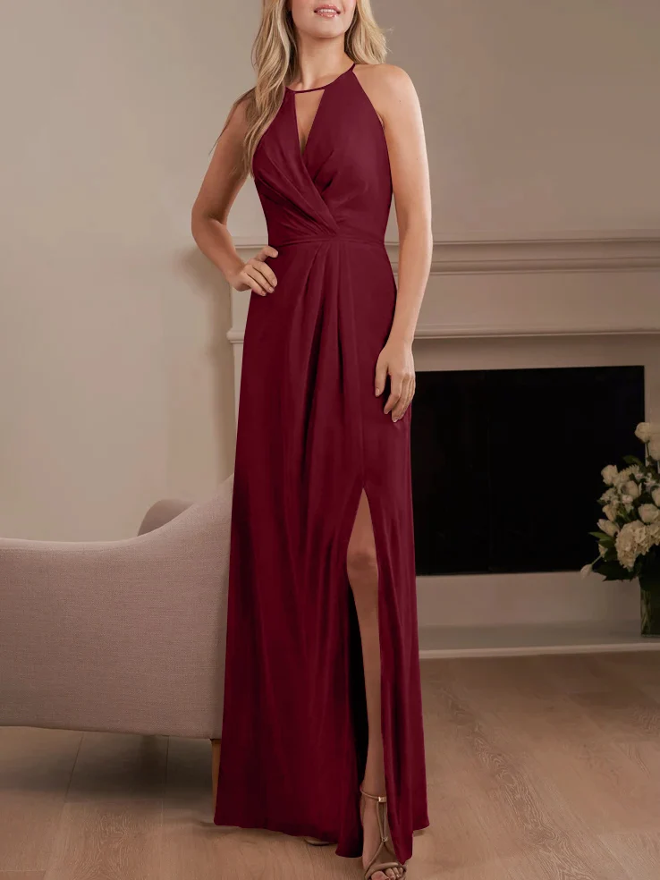  A-Line/Princess Halter Floor-length Long Bridesmaid Dresses