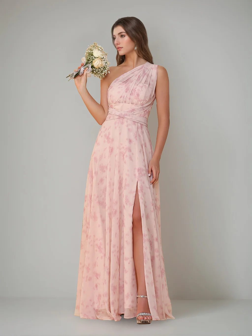 A-Line/Princess One-Shoulder Sleeveless Floor-Length Bridesmaid Dresses with Split Side & Pleated