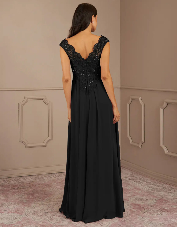 Black Sequined Chiffon A-Line V-Neck Maxi Dress
