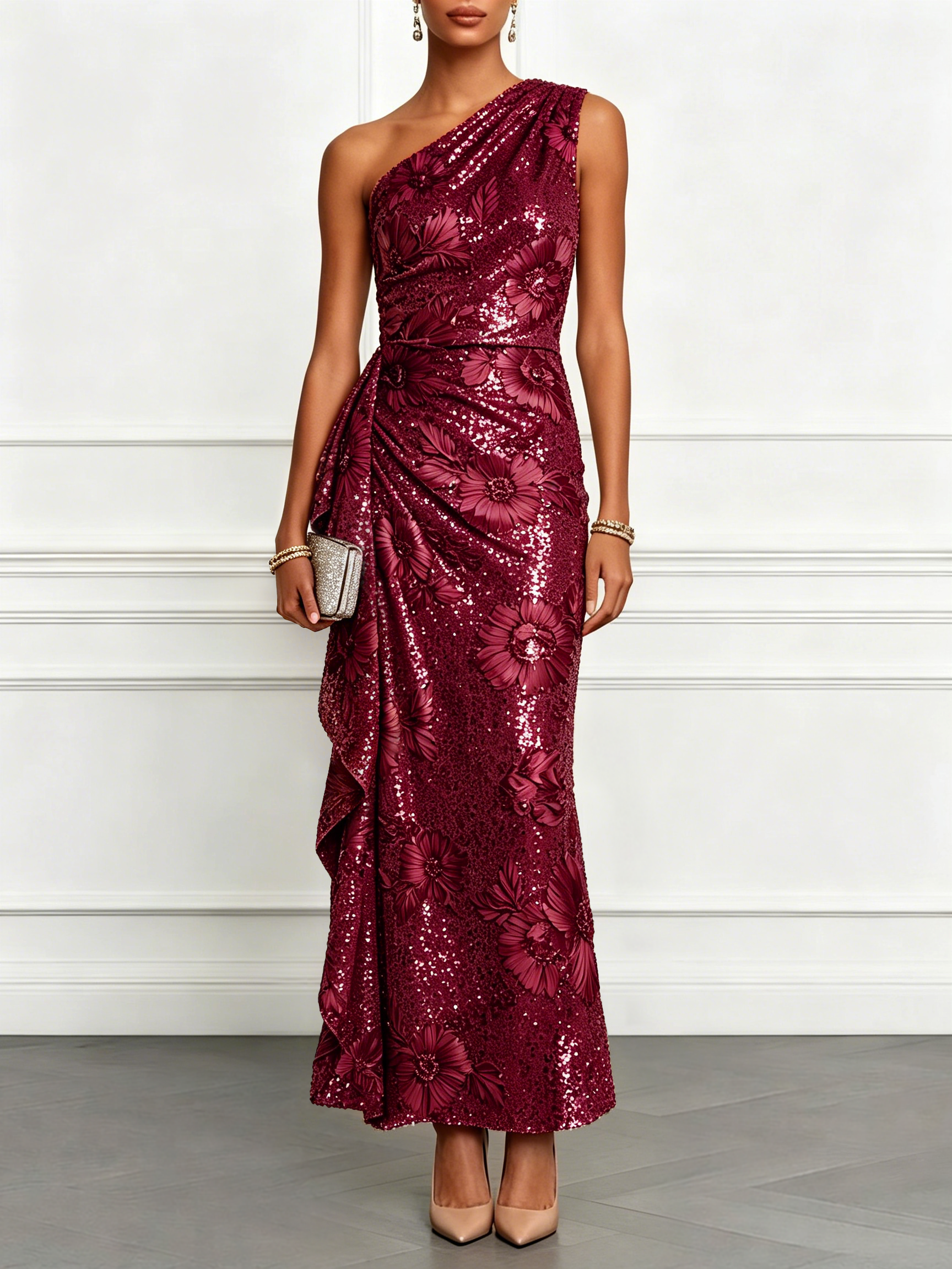 Champagne Jacquard Sequin One Shoulder Sleeveless Mermaid Maxi Dress