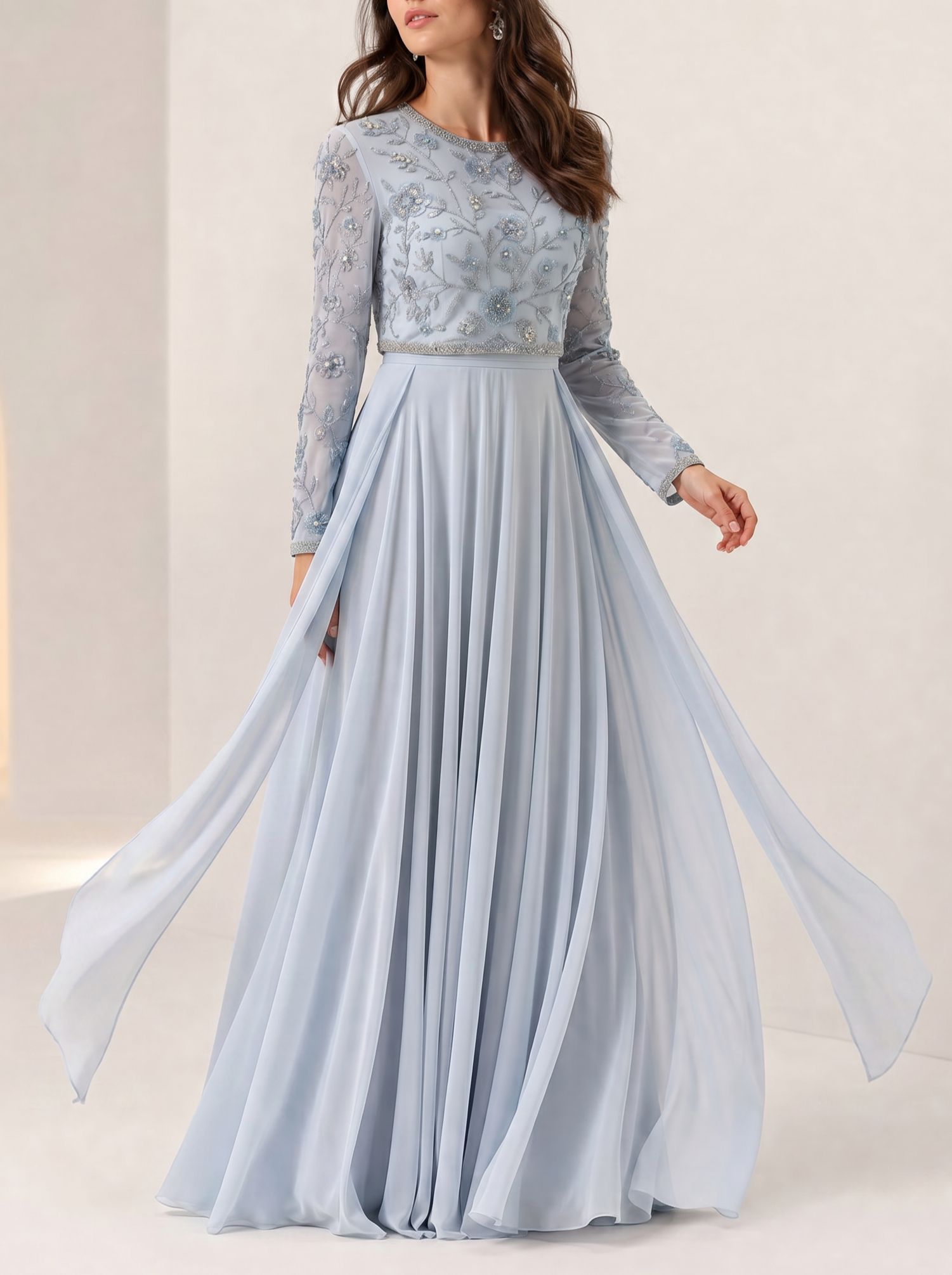 Dusty Blue Beaded Embroidered Long Sleeve Chiffon Maxi Dress