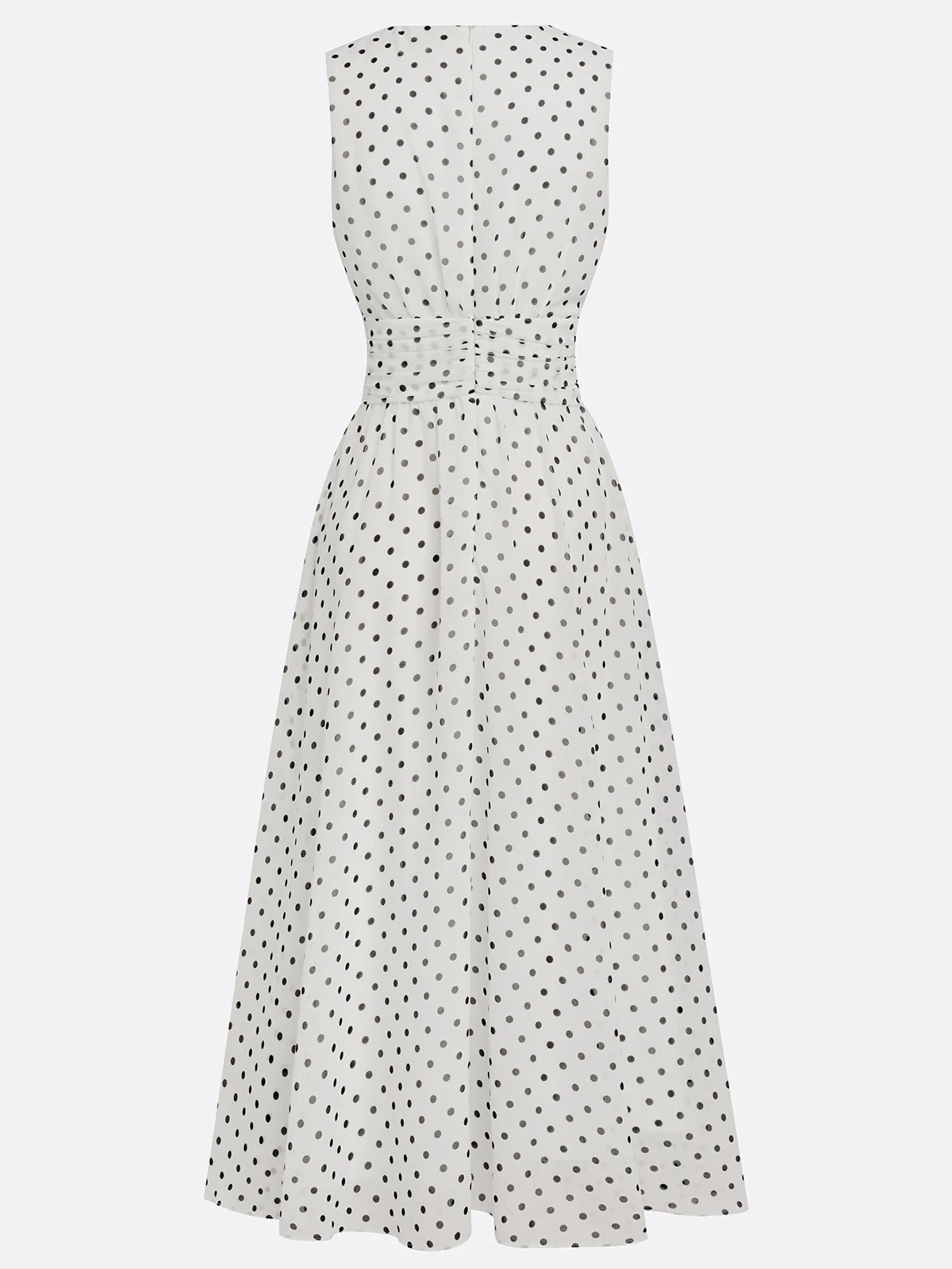 White Polka Dots Ruched Chiffon Crew Neck Sleeveless A-Line Maxi Dress