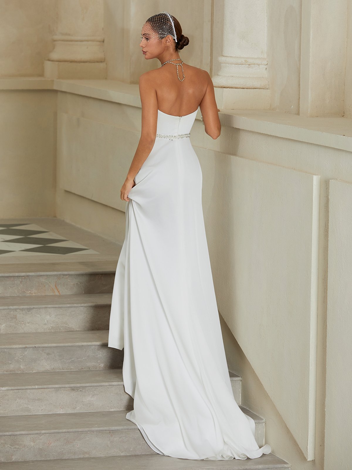 White Beaded Bridal/Wedding Dress Strapless Sleeveless A-Line Gown Dress