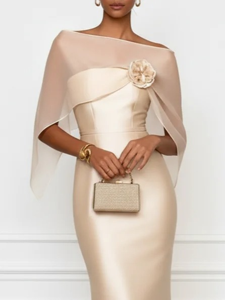 Apricot 3D Floral Satin Boat Neck Short Sleeve Sheath Maxi Dress