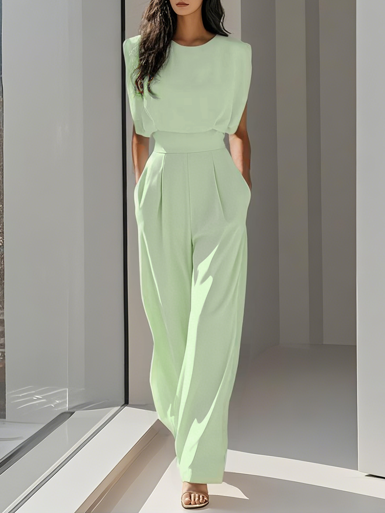 Women Off White Crew Neck Sleeveless Dressy Jumpsuit With Pockets