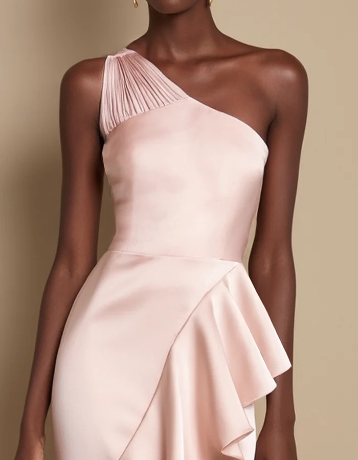 Blush Pink One-Shoulder Ruffled Satin Midi Dress