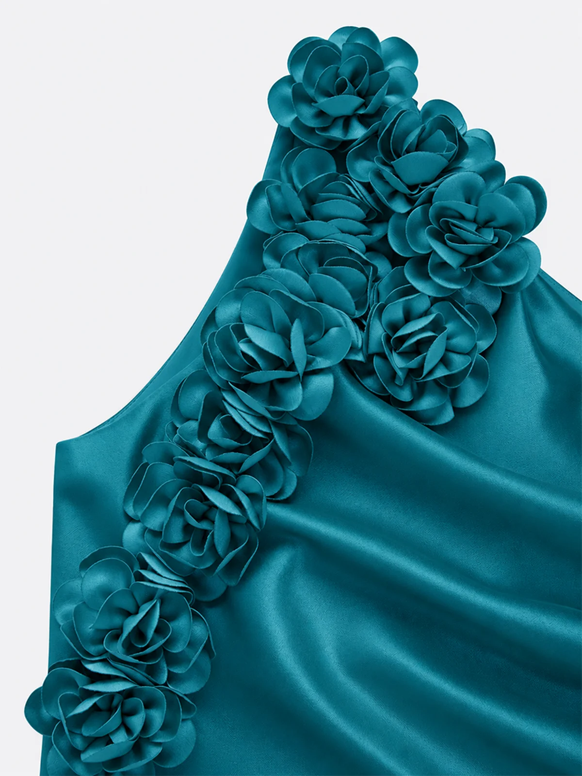 Champagne 3D Floral Ruched Satin One Shoulder Sleeveless Sheath Floor-length Gown Dress