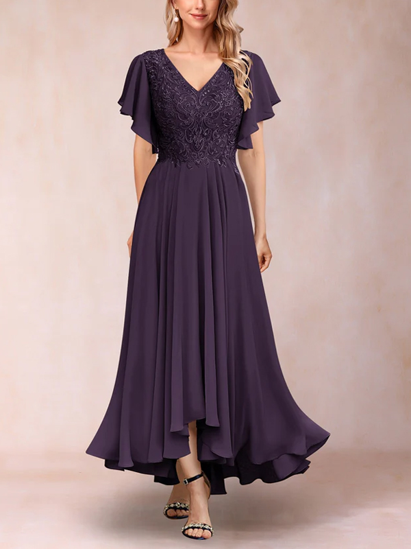 A-line V-neck Short Sleeved Chiffon Maxi Dress
