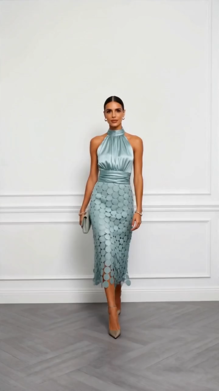 Women Light Green Satin Ruched Halter Neck Sleeveless A-Line Midi Dresses