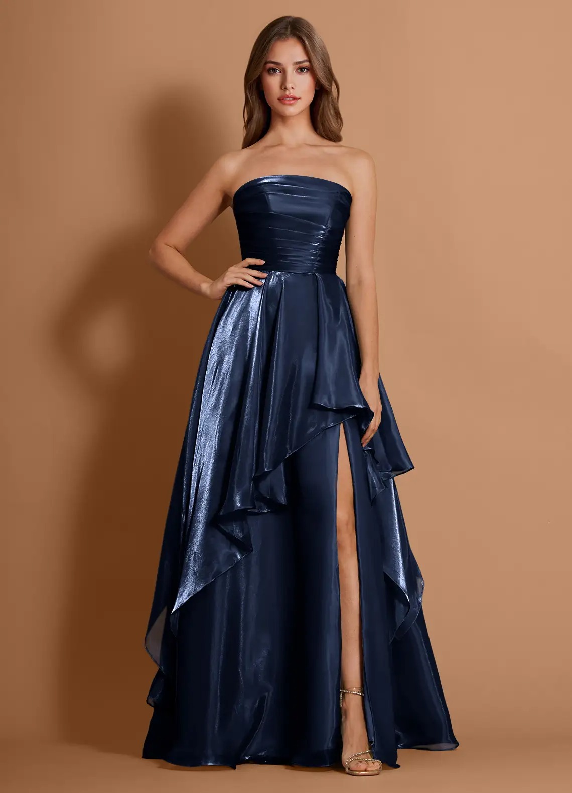 Burgundy Strapless Ruffled High-Slit Evening Gown