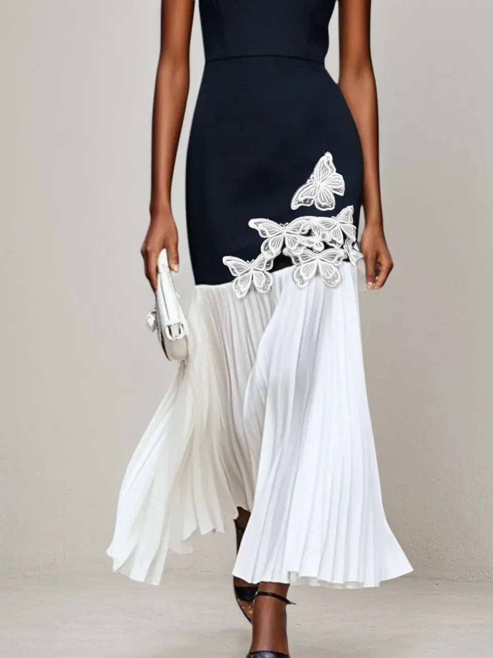 Black Pleated 3D Floral Classic V Neck Sleeveless Mermaid Maxi Dress