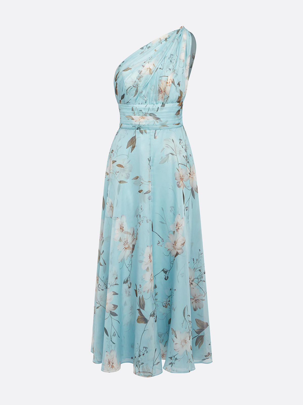 Light Blue Floral Ruched Chiffon One Shoulder Sleeveless A Line Maxi Dress