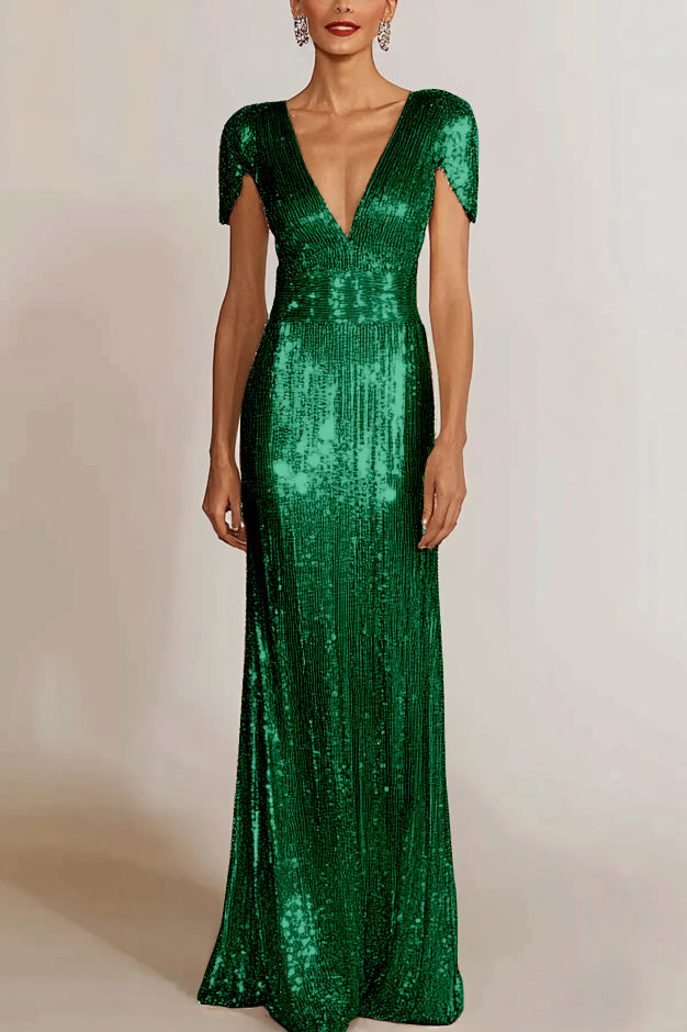Holiday Party Gold V-Neck Sequins Maxi Dress