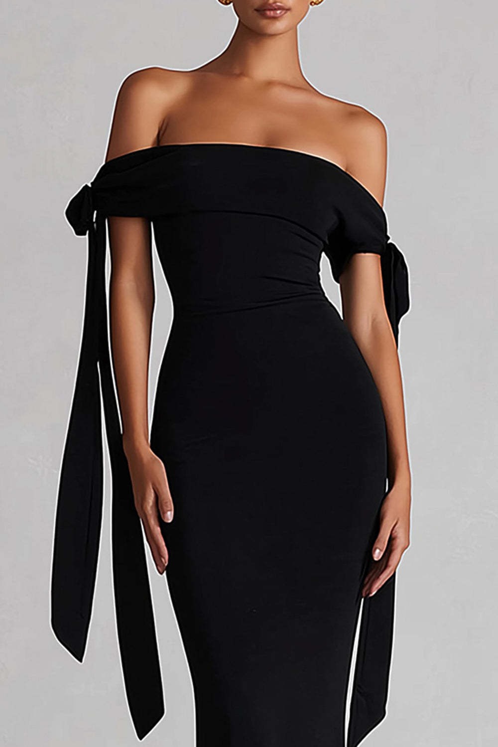 Simple Black Off the Shoulder Maxi Evening Dress with Ribbon