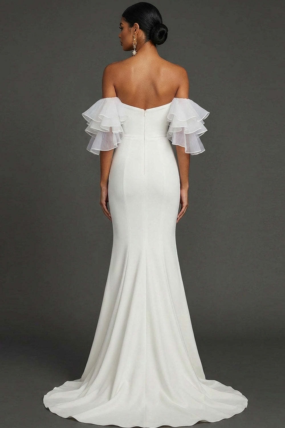 White Mermaid Off the Shoulder Ruffled Long Wedding Reception Dress