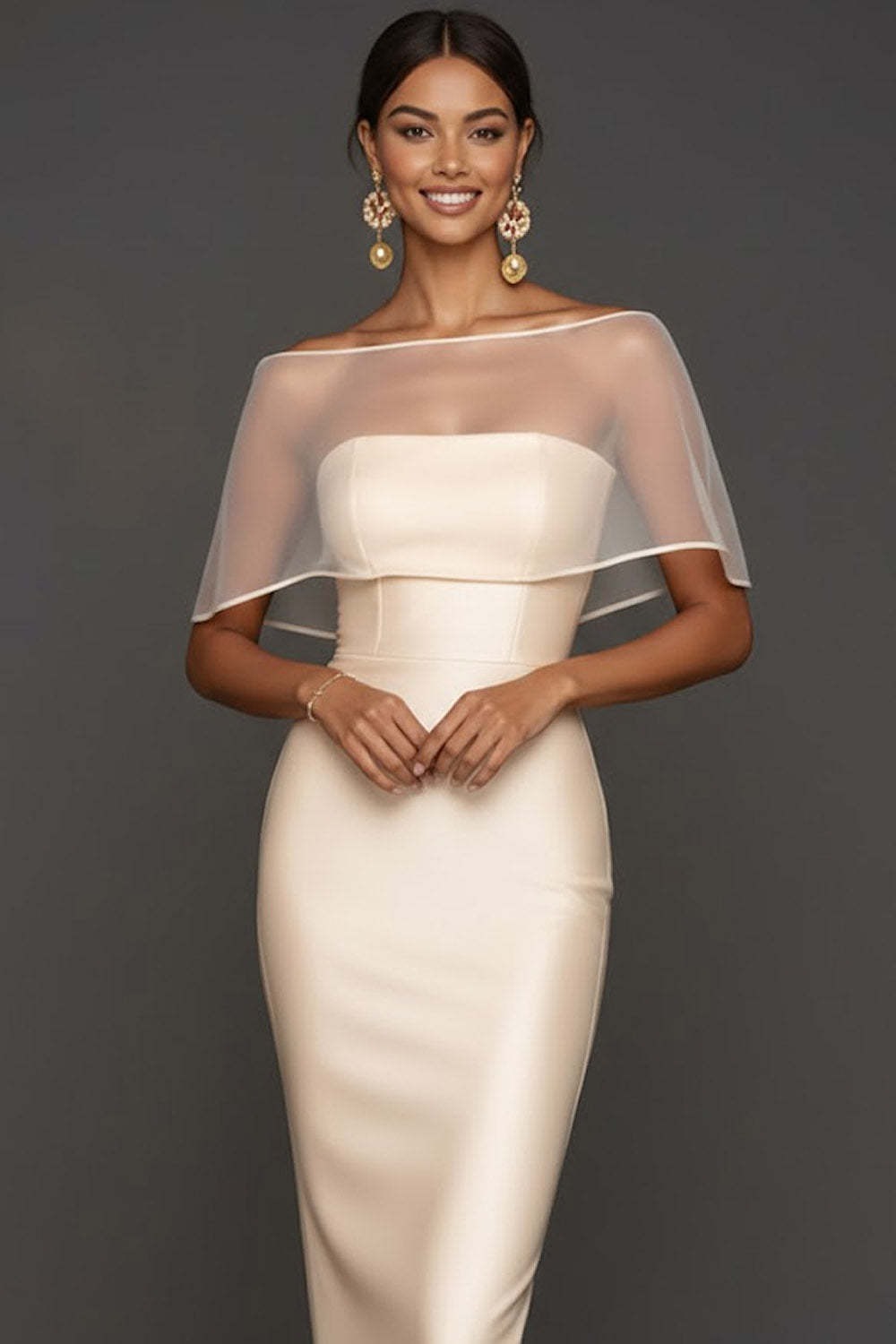 Champagne Satin Sheath Long Wedding Guest Dress with Cape