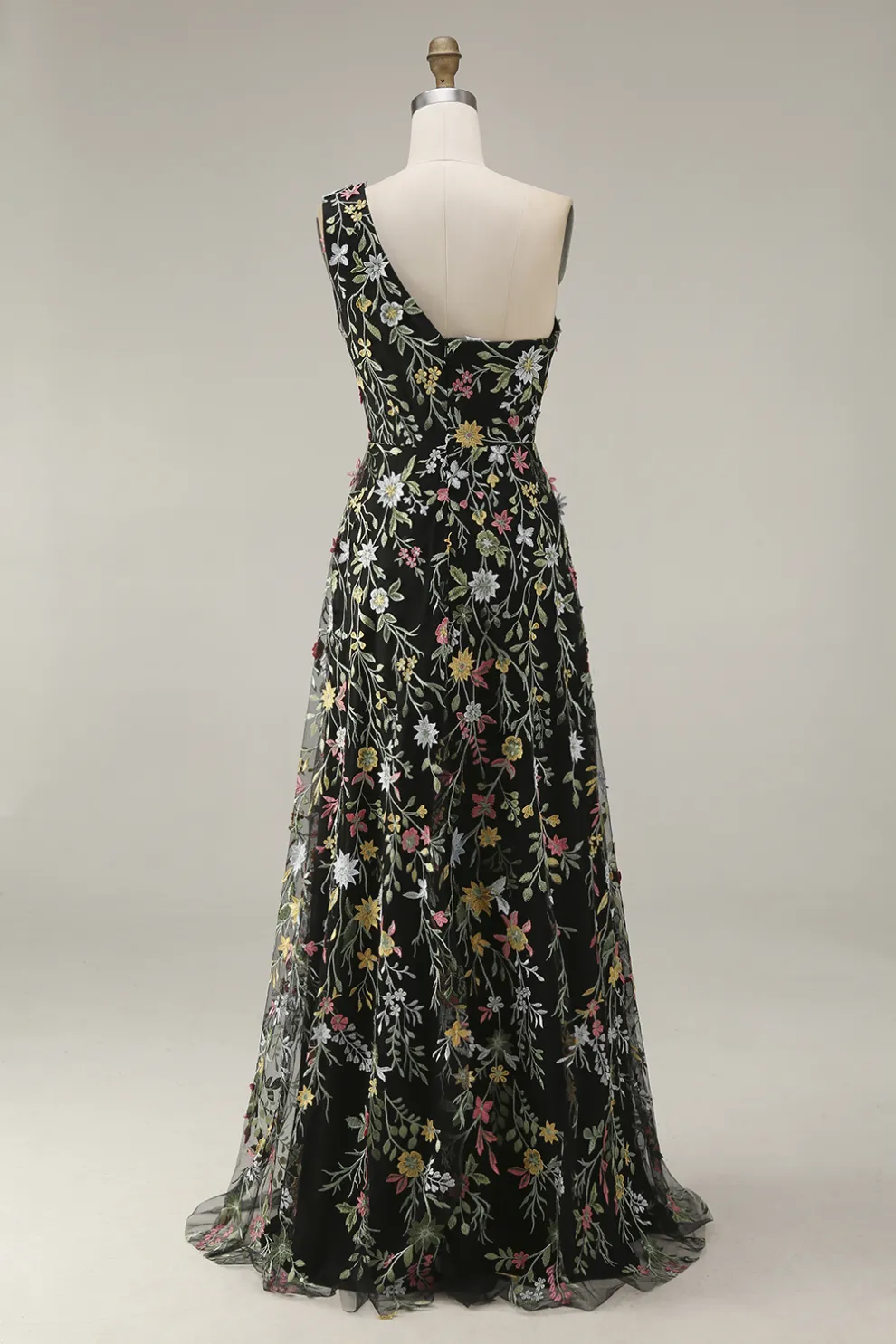 Floral Mauve One Shoulder A Line Long Prom Dress with Slit