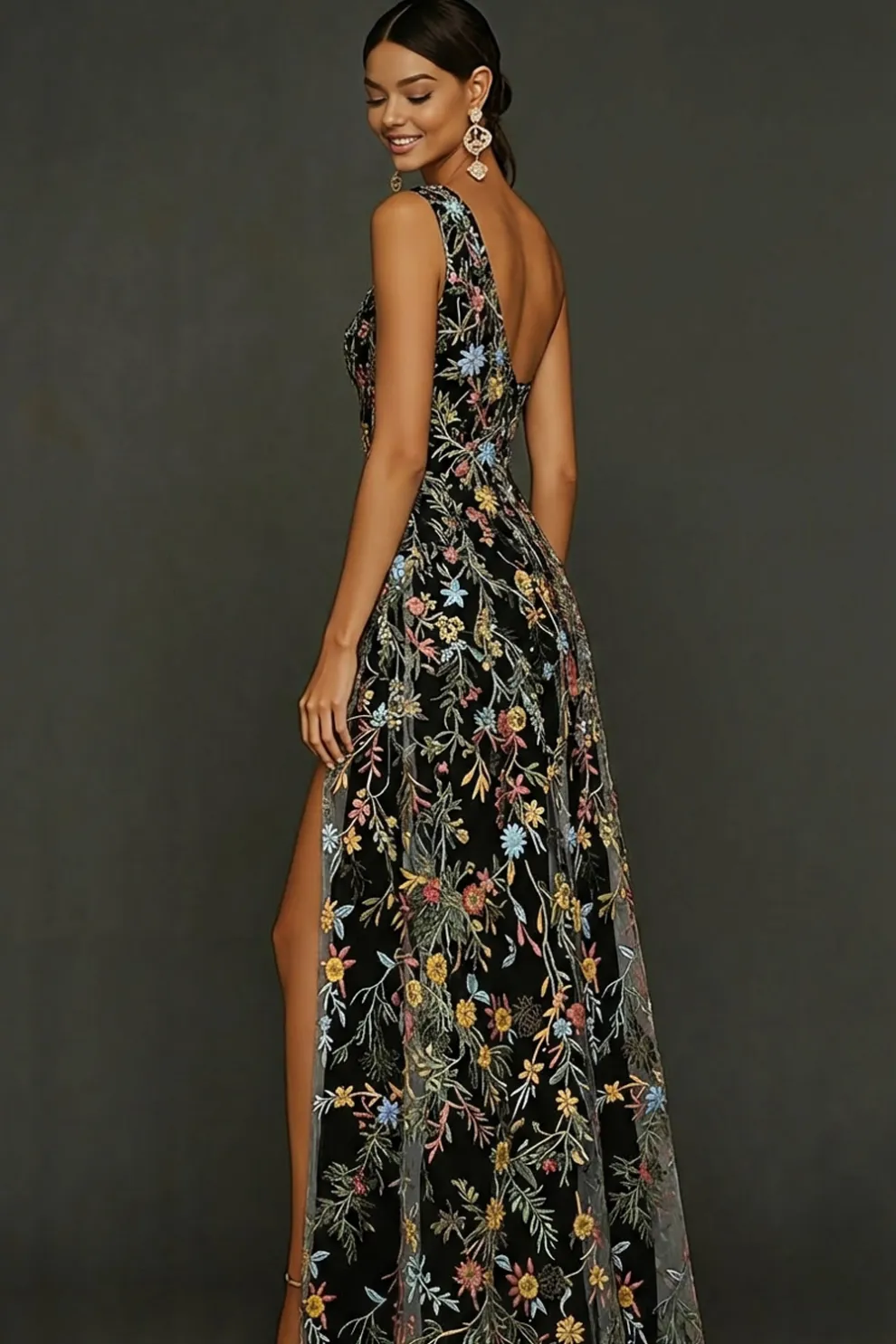 Floral Mauve One Shoulder A Line Long Prom Dress with Slit