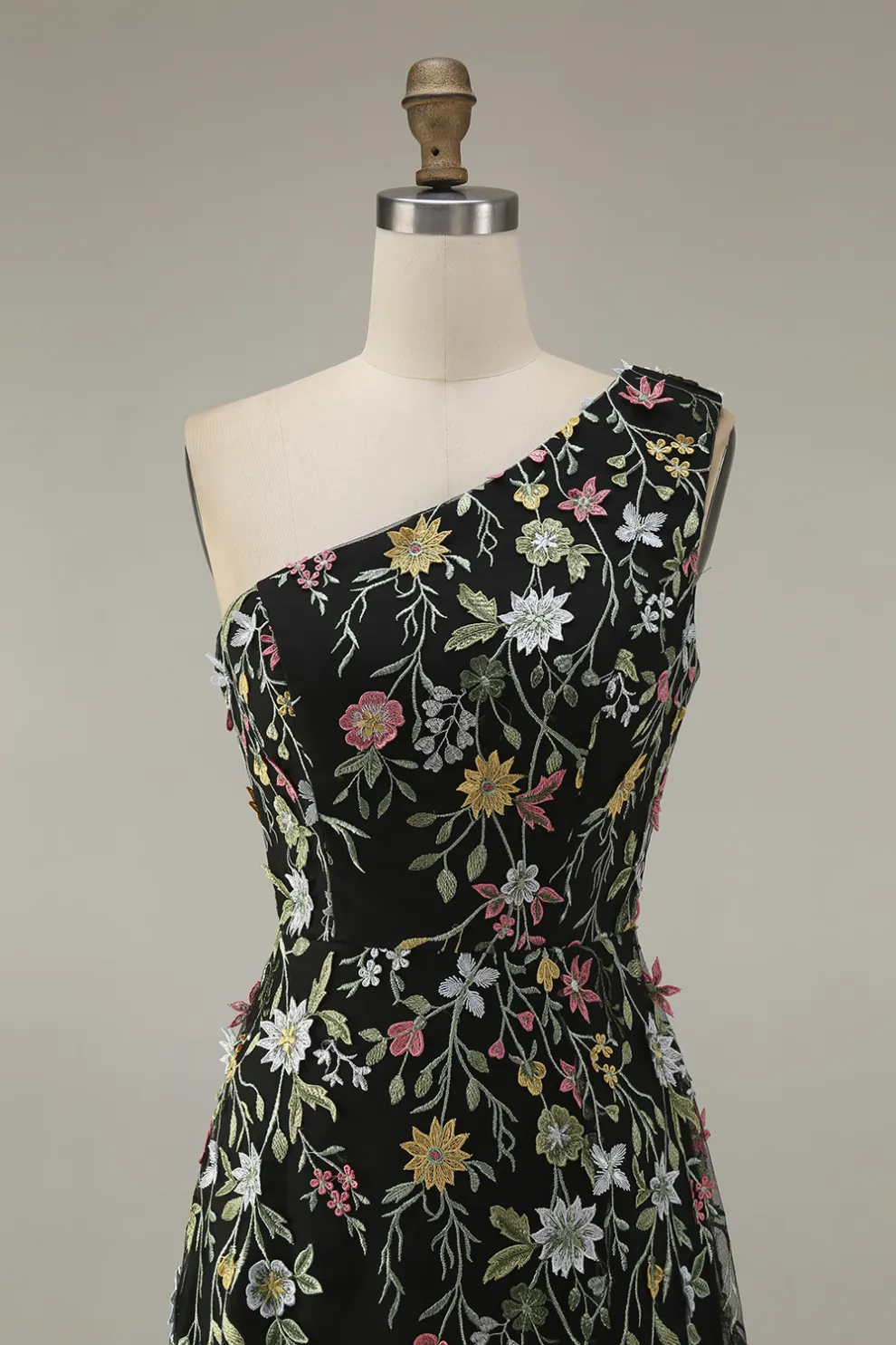 Floral Mauve One Shoulder A Line Long Prom Dress with Slit