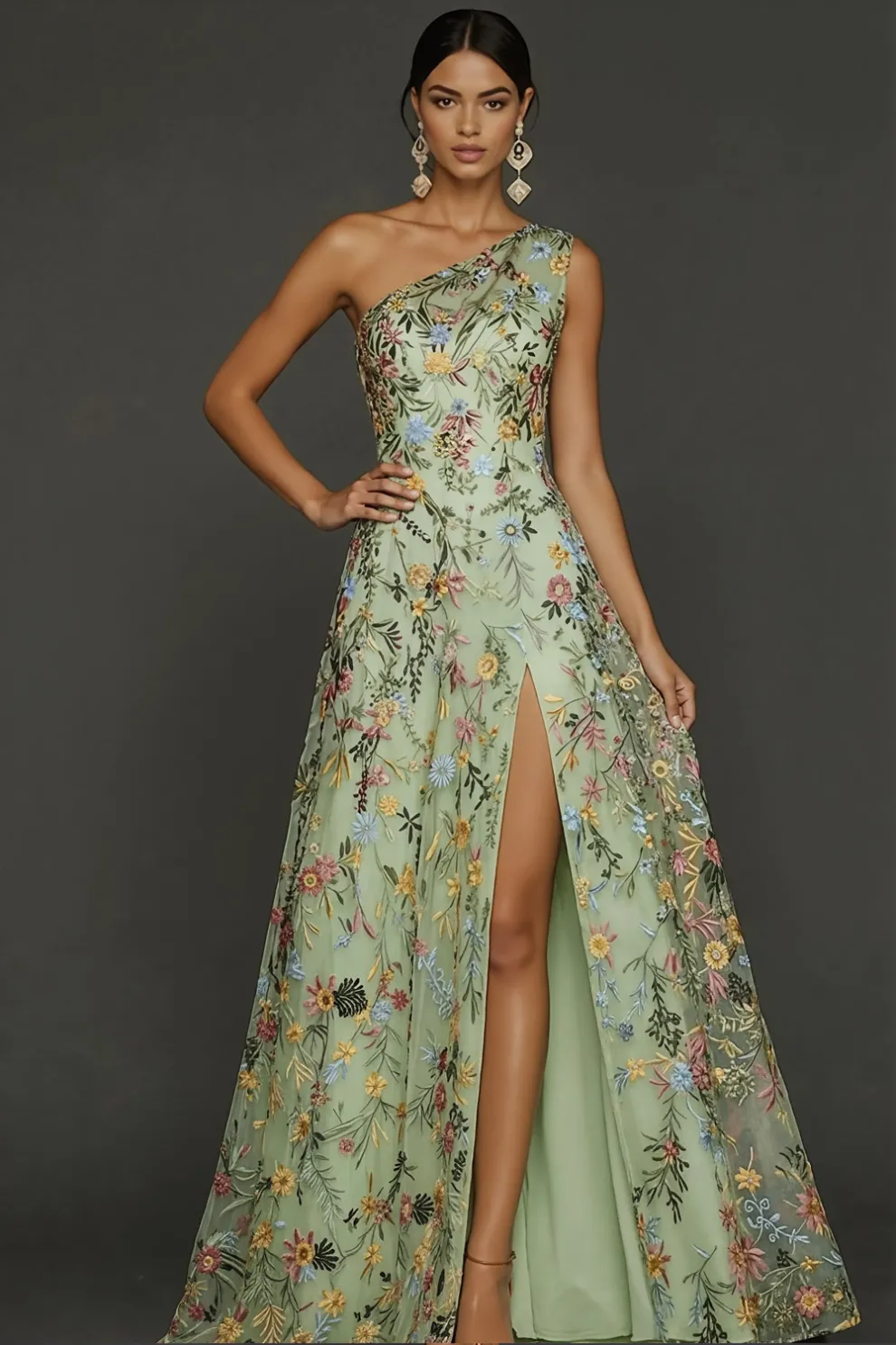 Floral Mauve One Shoulder A Line Long Prom Dress with Slit
