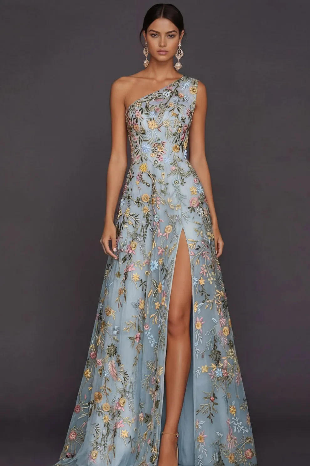 Floral Mauve One Shoulder A Line Long Prom Dress with Slit