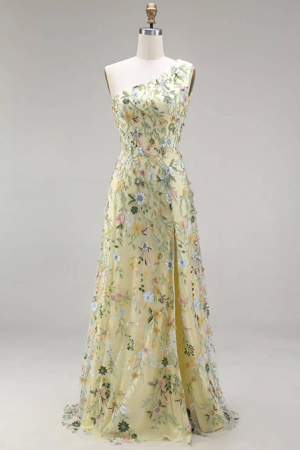 Floral Mauve One Shoulder A Line Long Prom Dress with Slit