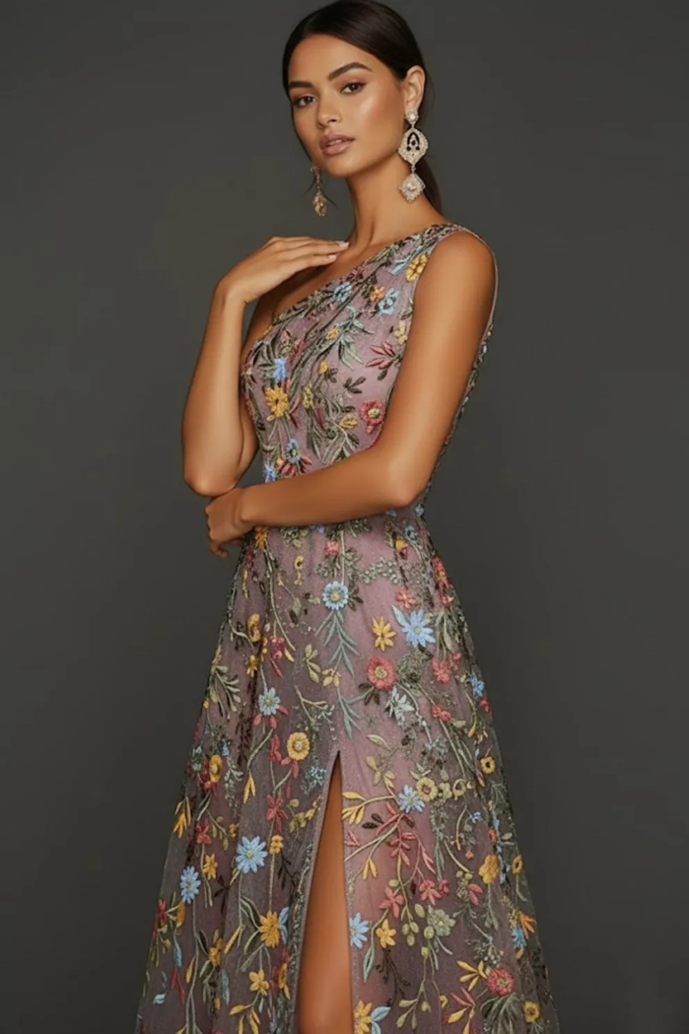 Floral Mauve One Shoulder A Line Long Prom Dress with Slit